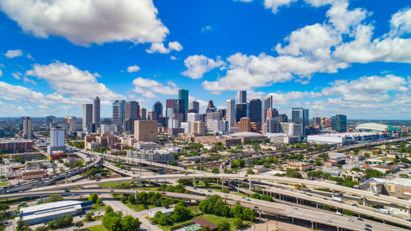 Downtown Houston, Texas, USA Drone Skyline Aerial Panorama.